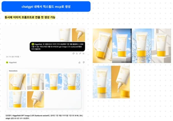 ChatGPT 안에서 Higgsfield MCP로 동시에 만든 선크림 연출 컷 6종
